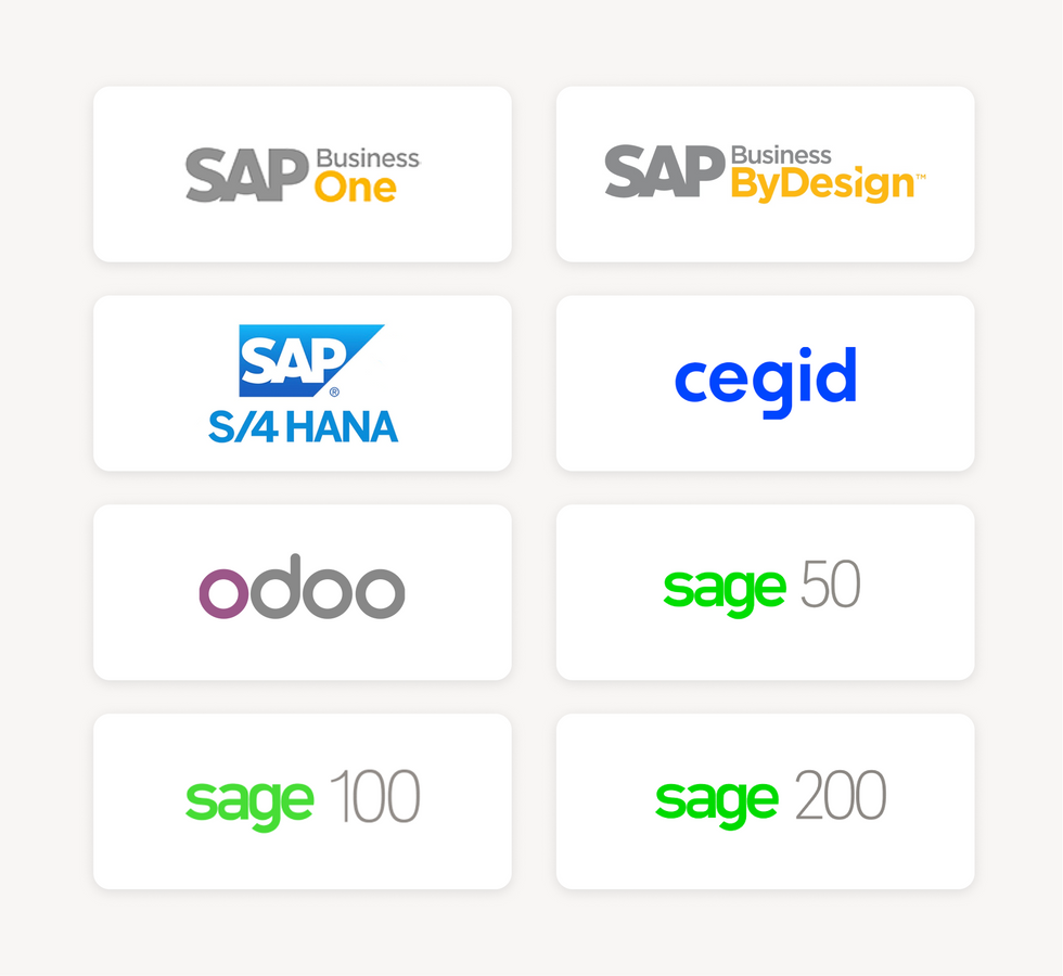 Payhawk is nu compatibel met 15 nieuwe ERP's en boekhoudsystemen zoals Sage 50, Sage 100, Sage 200, Cegid, SAP S/4HANA, SAP Business One en SAP Business ByDesign.